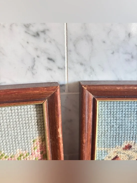 Vintage Pair of Small Framed Needlepoint Art of Spring and Winter Landscapes - Picture 4 of 10